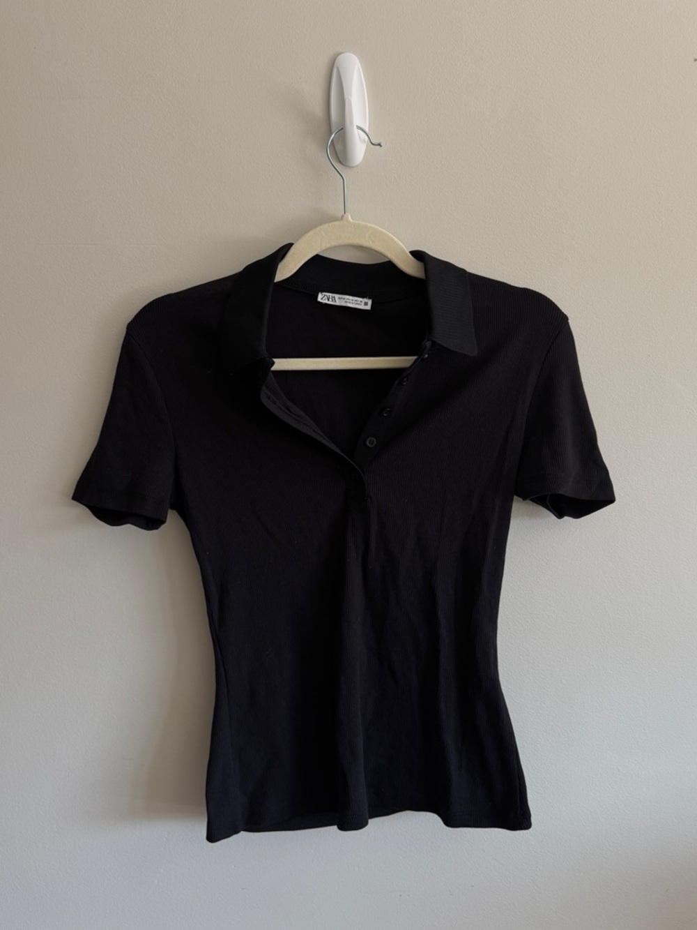 Zara Stretchy Short-Sleeve Polo Top - Black